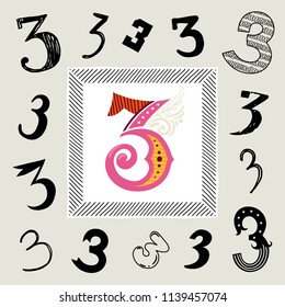 Set of number 3 in different style. Freehand drawing. Can be used for scrapbook, postcards, etc.