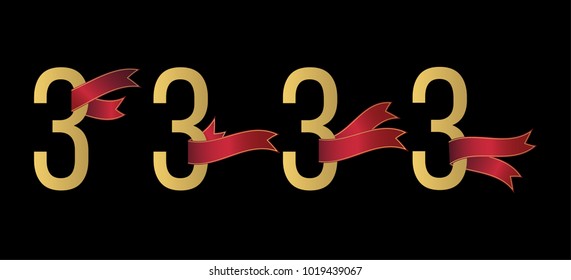 Set of number 3 symbols with red ribbons on black background. Award ribbon. Design element for greeting card, anniversary event, promotion.