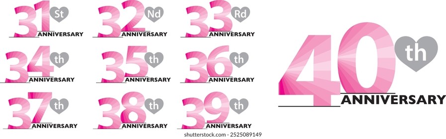 Reihe der Nummer 31 32 33 34 35 36 37 38 39 und 40 Jahre Jubiläum Logo-Stil in rosa und grauen Herzform, einzeln auf weißem Hintergrund.