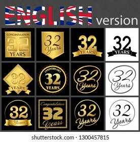 Set of number 32 years (thirty-two years) celebration. Anniversary golden number template elements for your birthday party