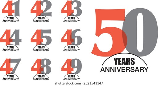 set of number 41 42 43 44 45 46 47 48 49 and 50 years anniversary logo style orange and grey color on white background.