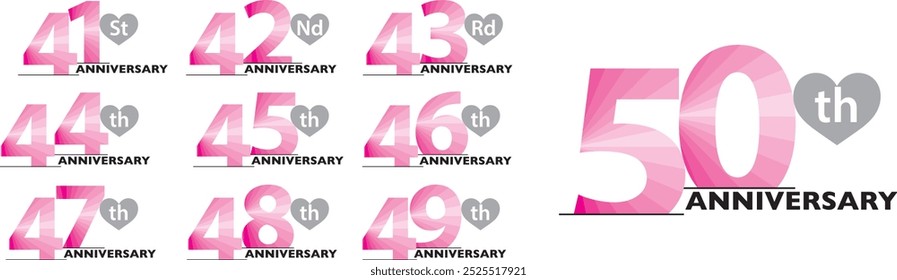 set of number 41 42 43 44 45 46 47 48 49 and 50 years anniversary logo style in pink and gray heart shape, isolated on white background.