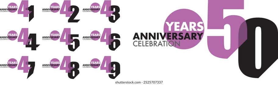 set of number 41 42 43 44 45 46 47 48 49 and 50 yers anniversary celebration logo style in purple and black color, isolated on white background.
