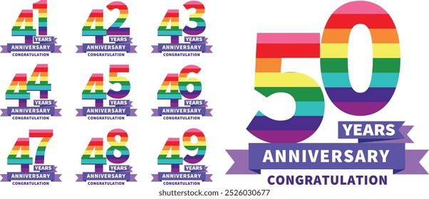 set of number 41 42 43 44 45 46 47 48 49 and 50 years anniversary celebration logo style in pride color, isolated on white background.