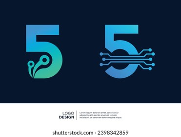 Set of Number 5 digital data connection logo design.