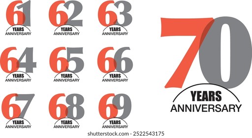 set of number 61 62 63 64 65 66 67 68 69 and 70 years anniversary logo style orange and grey color on white background.