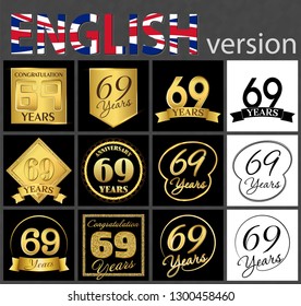 Set of number 69 years (sixty-nine years) celebration. Anniversary golden number template elements for your birthday party