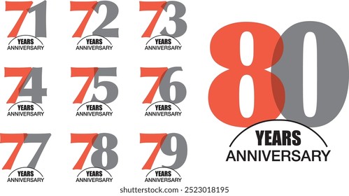 set of number 71 72 73 74 75 76 77 78 79 and 80 years anniversary logo style orange and grey color on white background.