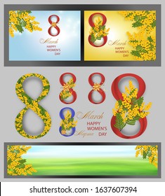 Set number 8 with Mimosa and golden bow, backgrounds, banners for international womens day March 8. Spring yellow flowers. Vector Illustration.