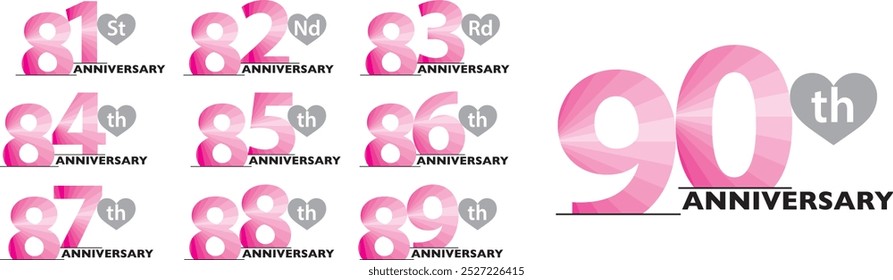 conjunto de número 81 82 83 84 85 86 87 88 89 e 90 anos estilo logotipo aniversário em forma de coração rosa e cinza, isolado no fundo branco.
