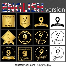 Set of number 9 years (nine years) celebration. Anniversary golden number template elements for your birthday party