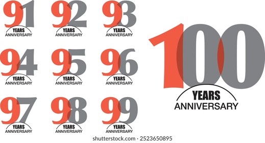 set of number 91 92 93 94 95 96 97 98 99 and 100 years anniversary logo style orange and grey color on white background.