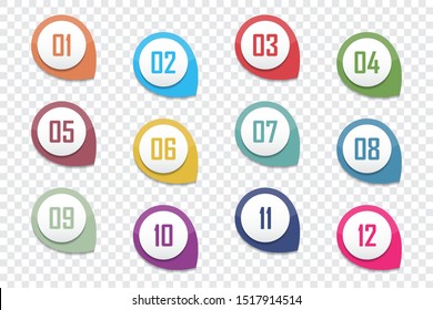 Set of number bullet point 1 to 12. Vector illustration