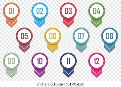Set of number bullet point 1 to 12. Vector illustration