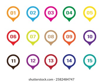 Set of number bullet point markers 1 to 15 with multiple color. Vector Bullet Points For Info graphic Design Or Presentation.
