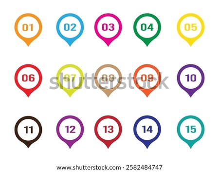 Set of number bullet point markers 1 to 15 with multiple color. Vector Bullet Points For Info graphic Design Or Presentation.