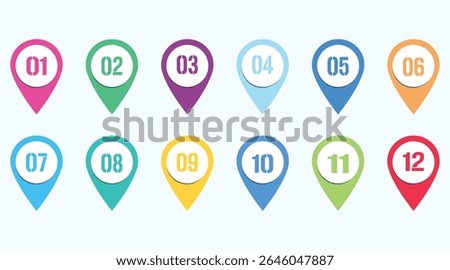 Set of number bullet point markers 1 to 12 with shadow