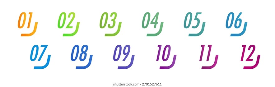 Set of number bullet points from 1 to 12 colorful on white background for infographic, lists, presentations, workflow, process