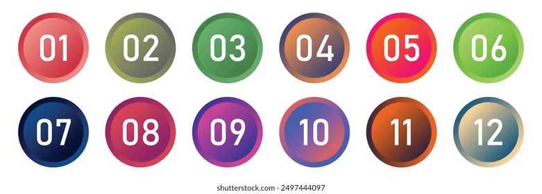 Set of number bullet points vector illustration from one to twelve. Isolated elements.