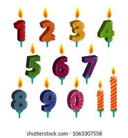 Set of number candles for happy birthday  or some holiday, vector flat illustration isolated on white background