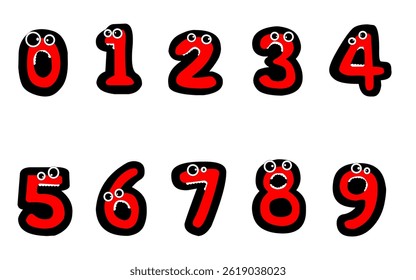 set of number character design with isolated background. Red Cartoon Number Characters from Zero to Nine with with eyeballs and teeth and various expressions. Designed for Educational or visuals