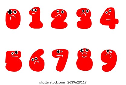 set of number character design with isolated background. Red Cartoon Number Characters from Zero to Nine with with eyeballs and teeth. Designed for Educational or visuals with isolated background