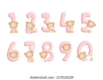 Set of Number and cute baby bear 