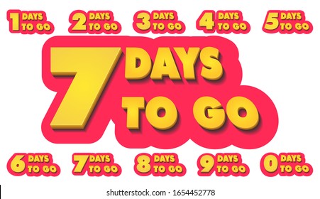 Set of number days left countdown for promotional banner. Nine, eight, seven, six, five, four, three, two, one, zero days left. Vector illustration on white isolated background.