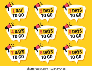 Set of number of days left to go icons with megaphone in a flat design