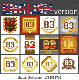 Set of number eighty-three years (83 years) celebration design. Anniversary golden number template elements for your birthday party
