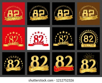 Set of number eighty-two (82 years) celebration design. Anniversary golden number template elements for your birthday party.
