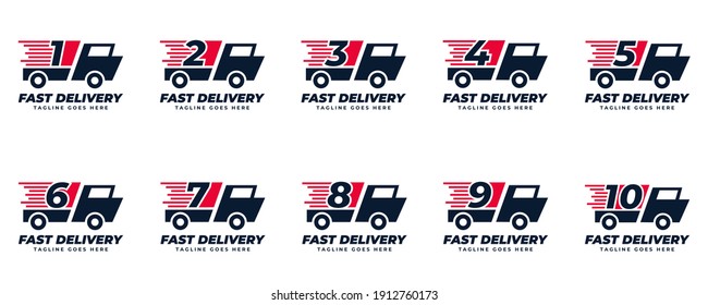 Establecer la plantilla de diseños de logotipo de entrega rápida de número. Ilustración vectorial gráfico del concepto de número y logotipo de camión rápido. Servicio de entrega perfecto, diseño de logotipo de entrega express