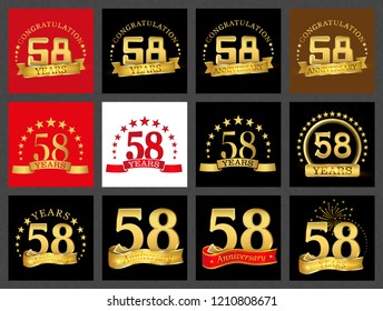 Set of number fifty-eight (58 years) celebration design. Anniversary golden number template elements for your birthday party.