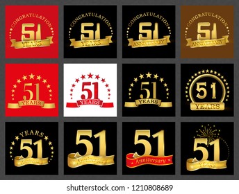 Set of number fifty-one (51 years) celebration design. Anniversary golden number template elements for your birthday party.