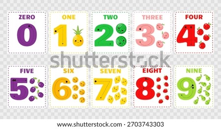 Set of number flashcards for kids with cute fruits on transparent background. 0-10 number writing for kids. Cute kawaii fruits. Learning numbers for kids.Kindergarten flashcards. Vector illustrations.