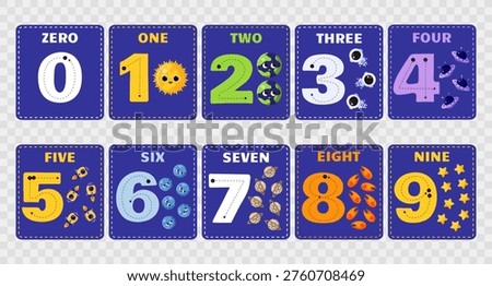 Set of number flashcards for kids with cute space elements on transparent background. 0-10 number writing for kids. Learning numbers for kids. Kindergarten flashcards . Vector illustrations.