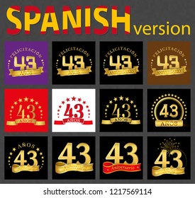 Set of number forty-three (43 years) celebration design. Anniversary golden number template elements for your birthday party. Translated from the Spanish - congratulation, years, anniversary