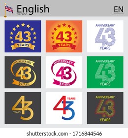 Set of number forty-three years (43 years) celebration design. Anniversary vector number template elements for your birthday party