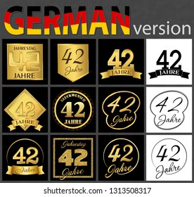 Set of number forty-two years (42 years) celebration design. Anniversary golden number template elements for your birthday party. Translated from the German - congratulation, years, anniversary