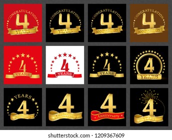 Set of number four (4 years) celebration design. Anniversary golden number template elements for your birthday party