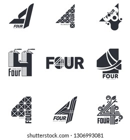 Set of number four logo templates. Monochrome graphic number four logo templates, corporate identity, vector illustrations isolated on white background.