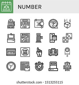Set of number icons such as Calendar, Slot machine, Digital clock, Clock, Dice, Scanner, Bingo, Phone booth, Barcode, Foam hand, Timer, Cuckoo clock , number