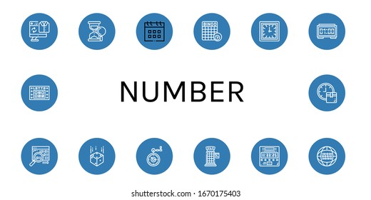Set of number icons. Such as Second hand, Sand clock, Calendar, Bingo, Clock, Digital clock, Binary code, Dice, Pocket watch, Phone booth, Lotto , number icons