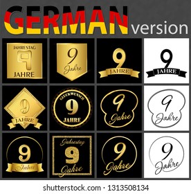 Set of number nine years (9 years) celebration design. Anniversary golden number template elements for your birthday party. Translated from the German - congratulation, years, anniversary
