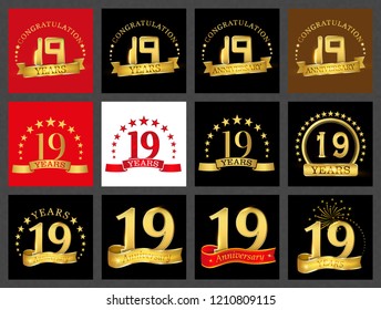 Set of number nineteen (19 years) celebration design. Anniversary golden number template elements for your birthday party.
