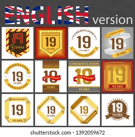 Set of number nineteen years (19 years) celebration design. Anniversary golden number template elements for your birthday party