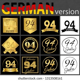 Set of number ninety-four years (94 years) celebration design. Anniversary golden number template elements for your birthday party. Translated from the German - congratulation, years, anniversary