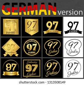 Set of number ninety-seven years (97 years) celebration design. Anniversary golden number template elements for your birthday party. Translated from the German - congratulation, years, anniversary