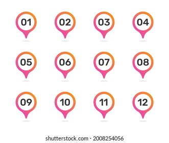 Set number on pin bullet point in color markers 1 to 12. Vector illustration