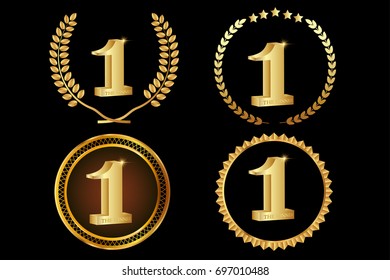 set of number one with gold medals and signs  .First Place badges winner concept